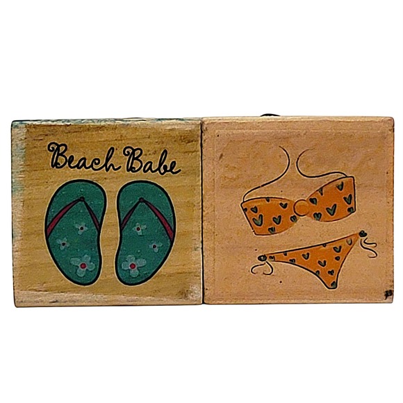 Unbranded Other - Summer Beach Rubber Stamps Lot of 2 1.25" Flip Flops Bikini Wood Mounted